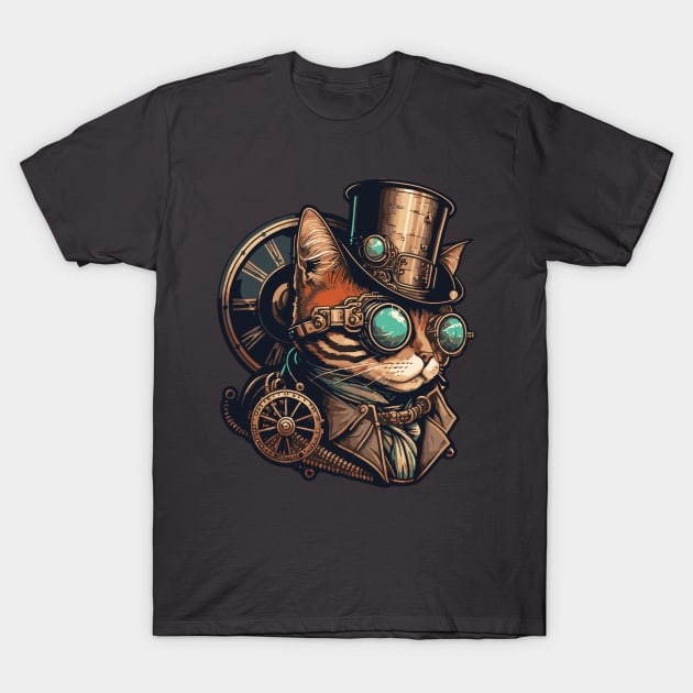 Steampunk Cat Sticker T-Shirt by Fantasy Cats Designs